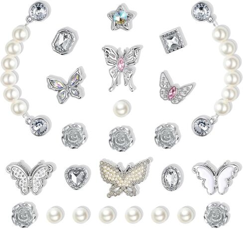 25Pcs Bling Shoe Charms for Women, Sparkling Butterfly Shoe Accessories, Cute Rose Flower Charms, Girly Pearl Shoe Chains Decoration for Party Favor in Saudi Arabia