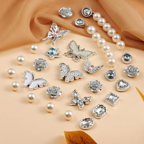 25Pcs Bling Shoe Charms for Women, Sparkling Butterfly Shoe Accessories, Cute Rose Flower Charms, Girly Pearl Shoe Chains Decoration for Party Favor in Saudi Arabia