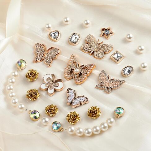 25Pcs Bling Shoe Charms for Women, Sparkling Butterfly Shoe Accessories, Cute Rose Flower Charms, Girly Pearl Shoe Chains Decoration for Party Favor in Saudi Arabia