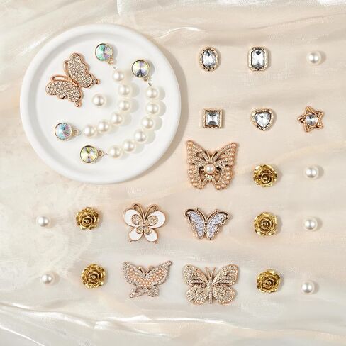 25Pcs Bling Shoe Charms for Women, Sparkling Butterfly Shoe Accessories, Cute Rose Flower Charms, Girly Pearl Shoe Chains Decoration for Party Favor in Saudi Arabia