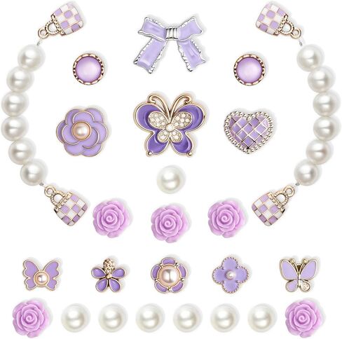 25Pcs Bling Shoe Charms for Women, Sparkling Butterfly Shoe Accessories, Cute Rose Flower Charms, Girly Pearl Shoe Chains Decoration for Party Favor in Saudi Arabia
