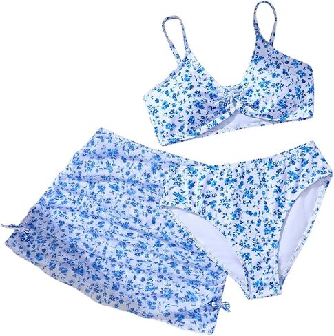 MakeMeChic Girl's Bikini Sets Twist Floral Spaghetti Strap High Waist Swimsuit with Beach Skirt in Saudi Arabia