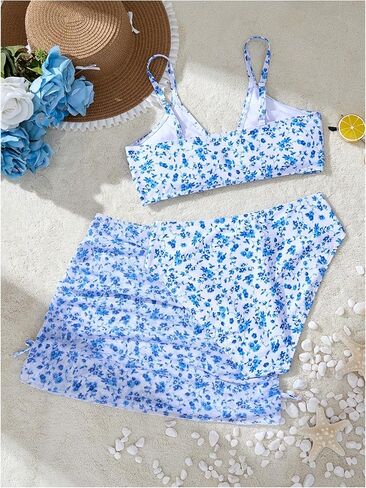 MakeMeChic Girl's Bikini Sets Twist Floral Spaghetti Strap High Waist Swimsuit with Beach Skirt in Saudi Arabia