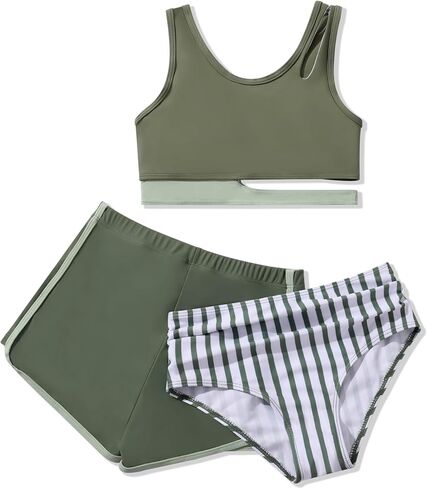 بنات 3 قطعة بدلة الاستحمام الأطفال بلوك عالي الخصر سبورت تانكيني in Kuwait