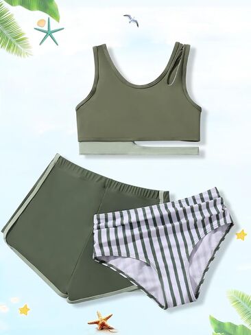 بنات 3 قطعة بدلة الاستحمام الأطفال بلوك عالي الخصر سبورت تانكيني in Kuwait