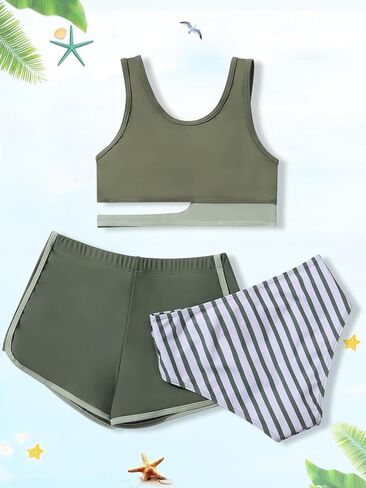 بنات 3 قطعة بدلة الاستحمام الأطفال بلوك عالي الخصر سبورت تانكيني in Kuwait