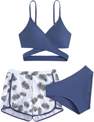 Girl's 3 Piece Swimsuit Tropical Wrap Criss Cross Cute Bikini Set Bathing Suit with Beach Shorts in Saudi Arabia