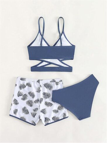 Girl's 3 Piece Swimsuit Tropical Wrap Criss Cross Cute Bikini Set Bathing Suit with Beach Shorts in Saudi Arabia