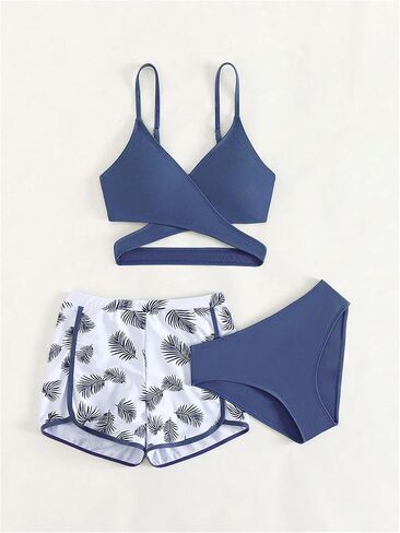 Girl's 3 Piece Swimsuit Tropical Wrap Criss Cross Cute Bikini Set Bathing Suit with Beach Shorts in Saudi Arabia