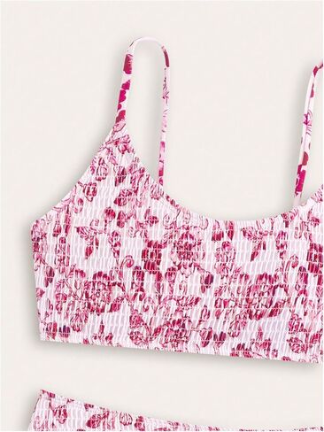 SHENHE Girl's Floral Swimsuits 2 Piece Scoop Neck Bikini Spaghetti Strap Smocked Bathing Suit in Saudi Arabia