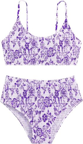 SHENHE Girl's Floral Swimsuits 2 Piece Scoop Neck Bikini Spaghetti Strap Smocked Bathing Suit in Saudi Arabia