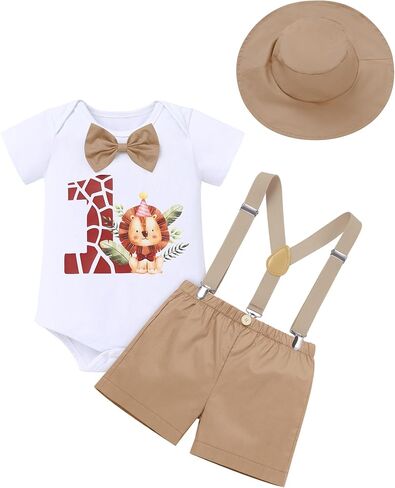 OBEEII First Birthday Outfit Baby Boy Cake Smash Outfit Safari Zookeeper Animal Lion Bow Tie Romper + Suspender Shorts + Hat in Saudi Arabia
