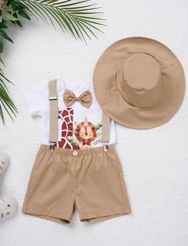 OBEEII First Birthday Outfit Baby Boy Cake Smash Outfit Safari Zookeeper Animal Lion Bow Tie Romper + Suspender Shorts + Hat in Saudi Arabia
