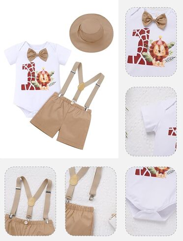OBEEII First Birthday Outfit Baby Boy Cake Smash Outfit Safari Zookeeper Animal Lion Bow Tie Romper + Suspender Shorts + Hat in Saudi Arabia