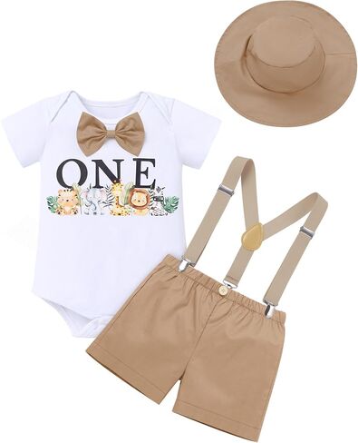 OBEEII First Birthday Outfit Baby Boy Cake Smash Outfit Safari Zookeeper Animal Lion Bow Tie Romper + Suspender Shorts + Hat in Saudi Arabia