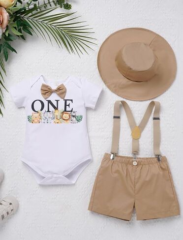 OBEEII First Birthday Outfit Baby Boy Cake Smash Outfit Safari Zookeeper Animal Lion Bow Tie Romper + Suspender Shorts + Hat in Saudi Arabia