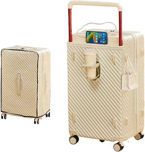 Carry On Luggage 20In Wide Handle with 360 Spinner Wheels, USB & Type C Port, Cup Holder & TSA Lock, Hard Case Luggage, Hardshell Travel Suitcase for Men Women (PVC Cover For Free) White in Kuwait