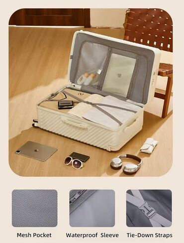 Carry On Luggage 20In Wide Handle with 360 Spinner Wheels, USB & Type C Port, Cup Holder & TSA Lock, Hard Case Luggage, Hardshell Travel Suitcase for Men Women (PVC Cover For Free) White in Kuwait