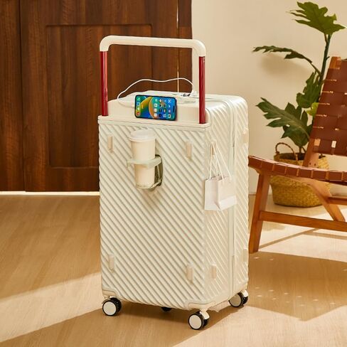 Carry On Luggage 20In Wide Handle with 360 Spinner Wheels, USB & Type C Port, Cup Holder & TSA Lock, Hard Case Luggage, Hardshell Travel Suitcase for Men Women (PVC Cover For Free) White in Saudi Arabia