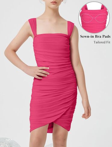 EXARUS Girls Dance Dress with Built in Bra Teen Ruched Bodycon Mesh Front Wrap Hem Tween Easter Party Tight Mini Dresses in Kuwait