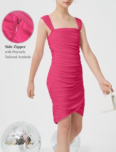 EXARUS Girls Dance Dress with Built in Bra Teen Ruched Bodycon Mesh Front Wrap Hem Tween Easter Party Tight Mini Dresses in Kuwait