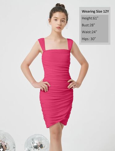 EXARUS Girls Dance Dress with Built in Bra Teen Ruched Bodycon Mesh Front Wrap Hem Tween Easter Party Tight Mini Dresses in Kuwait