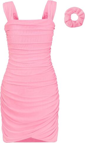 EXARUS Girls Dance Dress with Built in Bra Teen Ruched Bodycon Mesh Front Wrap Hem Tween Easter Party Tight Mini Dresses in Kuwait