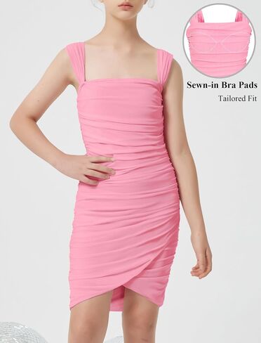 EXARUS Girls Dance Dress with Built in Bra Teen Ruched Bodycon Mesh Front Wrap Hem Tween Easter Party Tight Mini Dresses in Kuwait