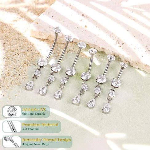 G23 Pure Titanium Dangle Belly Button Rings for Women Internally Thread Curved Barbell Belly Rings Dangling Navel Rings CZ Teardrop Navel Piercing Jewelry 6-16mm in Saudi Arabia