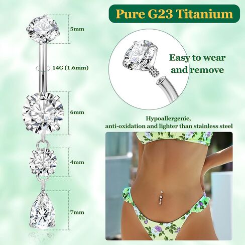 G23 Pure Titanium Dangle Belly Button Rings for Women Internally Thread Curved Barbell Belly Rings Dangling Navel Rings CZ Teardrop Navel Piercing Jewelry 6-16mm in Saudi Arabia