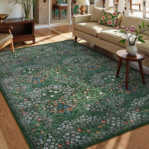 Lahome Floral Dark Green Area Rugs 5x7, Soft Washable Rugs for Living Room Bedroom, Boho Non Slip Low Pile Forest Stain Resistance Large Throw Carpet for Farmhouse Dining Room Office, Dark Green in Saudi Arabia