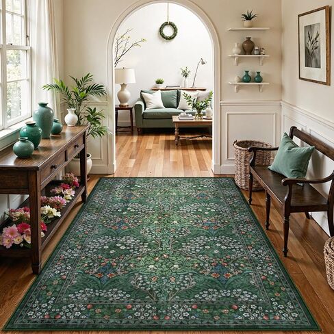Lahome Floral Dark Green Area Rugs 5x7, Soft Washable Rugs for Living Room Bedroom, Boho Non Slip Low Pile Forest Stain Resistance Large Throw Carpet for Farmhouse Dining Room Office, Dark Green in Saudi Arabia