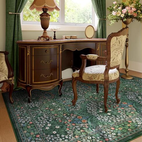 Lahome Floral Dark Green Area Rugs 5x7, Soft Washable Rugs for Living Room Bedroom, Boho Non Slip Low Pile Forest Stain Resistance Large Throw Carpet for Farmhouse Dining Room Office, Dark Green in Saudi Arabia