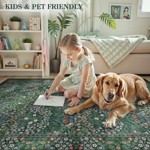 Lahome Floral Dark Green Area Rugs 5x7, Soft Washable Rugs for Living Room Bedroom, Boho Non Slip Low Pile Forest Stain Resistance Large Throw Carpet for Farmhouse Dining Room Office, Dark Green in Saudi Arabia