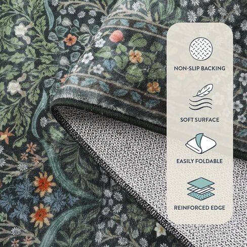 Lahome Floral Dark Green Area Rugs 5x7, Soft Washable Rugs for Living Room Bedroom, Boho Non Slip Low Pile Forest Stain Resistance Large Throw Carpet for Farmhouse Dining Room Office, Dark Green in Saudi Arabia