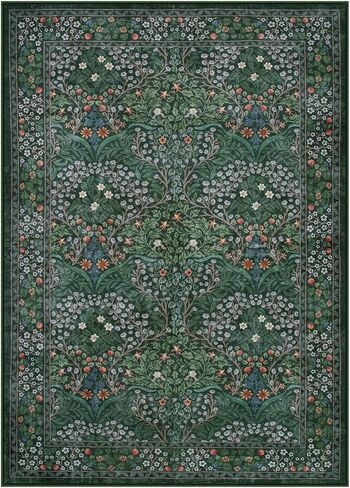 Lahome Floral Dark Green Area Rugs 5x7, Soft Washable Rugs for Living Room Bedroom, Boho Non Slip Low Pile Forest Stain Resistance Large Throw Carpet for Farmhouse Dining Room Office, Dark Green in Saudi Arabia