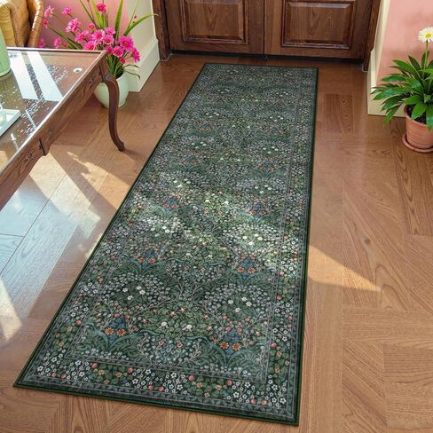 Lahome Floral Dark Green Area Rugs 5x7, Soft Washable Rugs for Living Room Bedroom, Boho Non Slip Low Pile Forest Stain Resistance Large Throw Carpet for Farmhouse Dining Room Office, Dark Green in Saudi Arabia