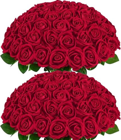 BLEUM CADE 50 Pcs Red Roses Artificial Flowers, Real Touch Velvet Roses Fake Flowers Bulk, Artificial Roses Bouquet with Long Stems Bridal DIY Wedding Party Centerpiece Decorations in Saudi Arabia