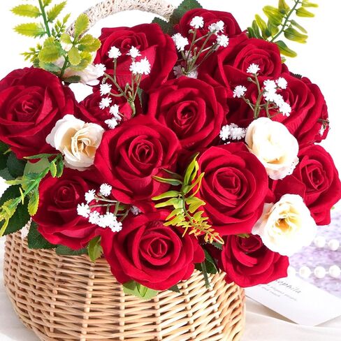 BLEUM CADE 50 Pcs Red Roses Artificial Flowers, Real Touch Velvet Roses Fake Flowers Bulk, Artificial Roses Bouquet with Long Stems Bridal DIY Wedding Party Centerpiece Decorations in Saudi Arabia