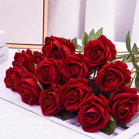 BLEUM CADE 50 Pcs Red Roses Artificial Flowers, Real Touch Velvet Roses Fake Flowers Bulk, Artificial Roses Bouquet with Long Stems Bridal DIY Wedding Party Centerpiece Decorations in Saudi Arabia