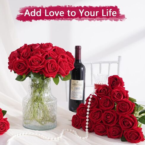 BLEUM CADE 50 Pcs Red Roses Artificial Flowers, Real Touch Velvet Roses Fake Flowers Bulk, Artificial Roses Bouquet with Long Stems Bridal DIY Wedding Party Centerpiece Decorations in Saudi Arabia