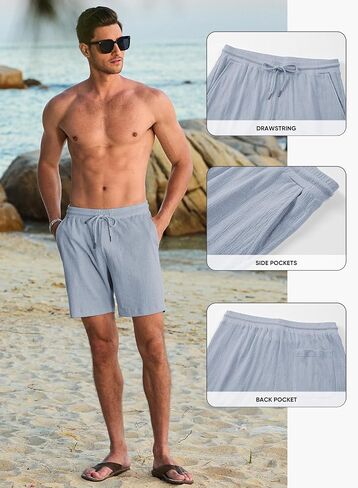 JMIERR Mens Casual 7" Shorts Cotton Elastic Waist Drawstring Summer Texture Stretch Beach Shorts with Pockets in Saudi Arabia