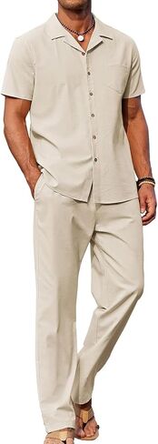 Men's 2 Piece Outfits Casual Beach Short Sleeve Button Down Shirts Loose Pant Sets Summer Vacation Walking Outfits in Saudi Arabia