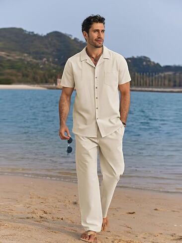 Men's 2 Piece Outfits Casual Beach Short Sleeve Button Down Shirts Loose Pant Sets Summer Vacation Walking Outfits in Saudi Arabia