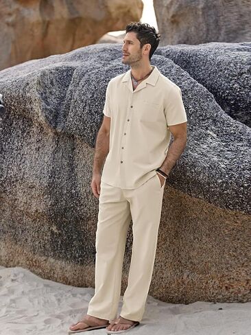 Men's 2 Piece Outfits Casual Beach Short Sleeve Button Down Shirts Loose Pant Sets Summer Vacation Walking Outfits in Saudi Arabia
