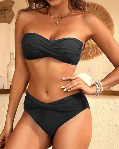مجموعة Bikini Bandeau Bandeau للسيدات - تويست الأمامي من قطعتين مع ثوب السباحة الجانبي. in Kuwait