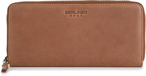 BERLINER BAGS Vintage Genuine Leather Wallet Palma, RFID Blocking Credit Card Holder, Slim Womens Wallet, Zip Around Wallet for 14 Cards, Bills, Coins, ID Window - Brown in Saudi Arabia