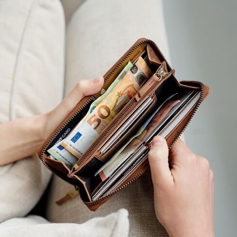 BERLINER BAGS Vintage Genuine Leather Wallet Palma, RFID Blocking Credit Card Holder, Slim Womens Wallet, Zip Around Wallet for 14 Cards, Bills, Coins, ID Window - Brown in Saudi Arabia