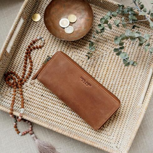 BERLINER BAGS Vintage Genuine Leather Wallet Palma, RFID Blocking Credit Card Holder, Slim Womens Wallet, Zip Around Wallet for 14 Cards, Bills, Coins, ID Window - Brown in Saudi Arabia