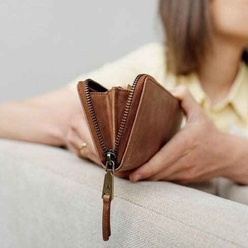 BERLINER BAGS Vintage Genuine Leather Wallet Palma, RFID Blocking Credit Card Holder, Slim Womens Wallet, Zip Around Wallet for 14 Cards, Bills, Coins, ID Window - Brown in Saudi Arabia